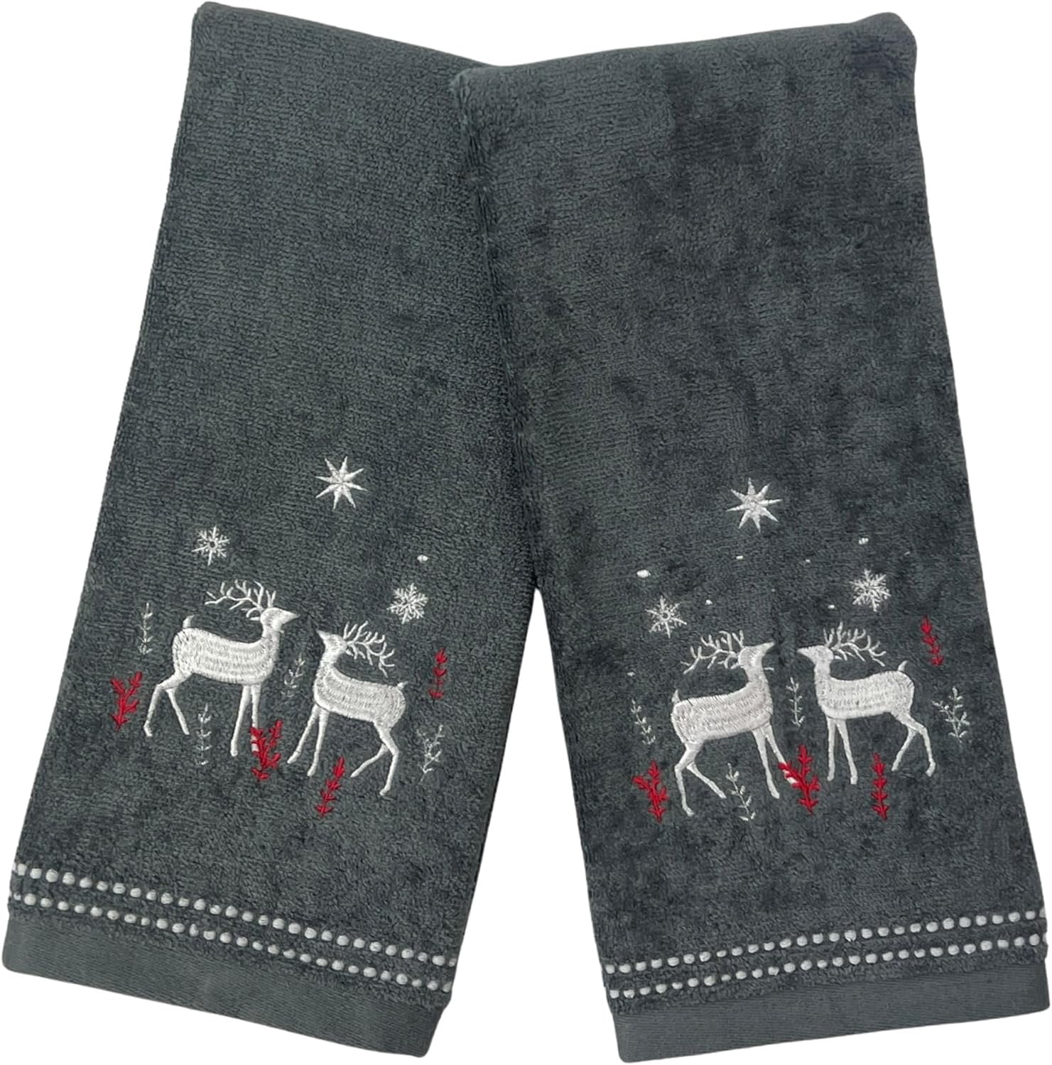 Serafina Home Christmas Bathroom 4 pc Set, 2 fingertip (12" x 18"), 2 Hand Towels (16" x 25) Noble Buck Deer Embroidered on Dark Grey Cotton Towels