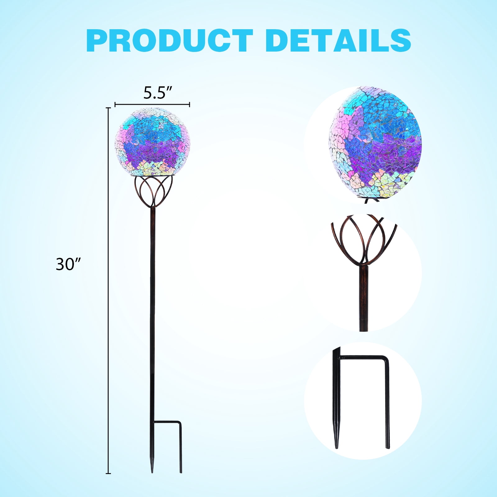 Outdoor Garden Stake,Solar Mosaic Gazing Ball With LED Light,Garden Stake Decoration,Outdoor Decoration for Pathway,Yard,Lawn,Garden
