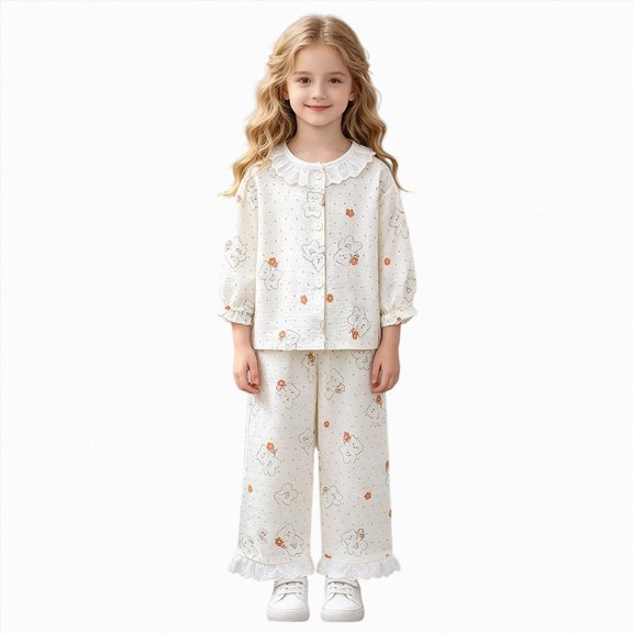felwors Toddler Baby Girl Button-up Pajamas Bear Print Long Sleeve Kid Sleepwear PJs Set(11-12 Years,Beige)