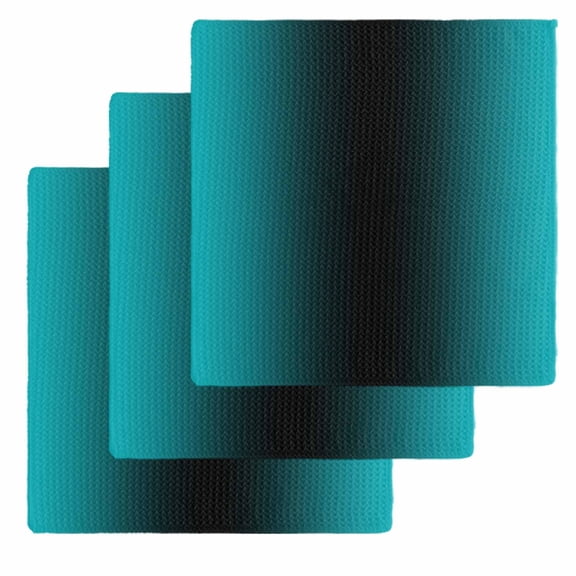Teal Black Ombre Kitchen Dish Towels for Drying Dishes Set of 3, Gradient Contemporary Abstract Art Waffle Weave Microfiber Hand Tea Bathroom Towels Quick Dry & Absorbent Towel 12x12
