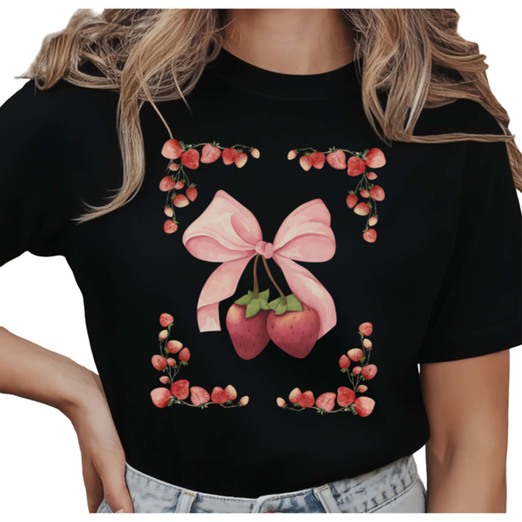 Women's Strawberry Bow Floral Wreath Graphic Romantic Coquette Casual T Shirt Short Sleeve Round Neck Top Black S-5XL
