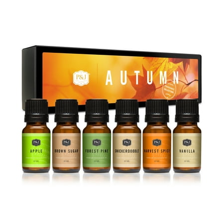 Autumn Set of 6 Fragrance Oils - Premium Grade Scented Oil - 10ml - Brown Sugar, Apple, Harvest Spice, Vanilla, Forest Pine, Snickerdoodle