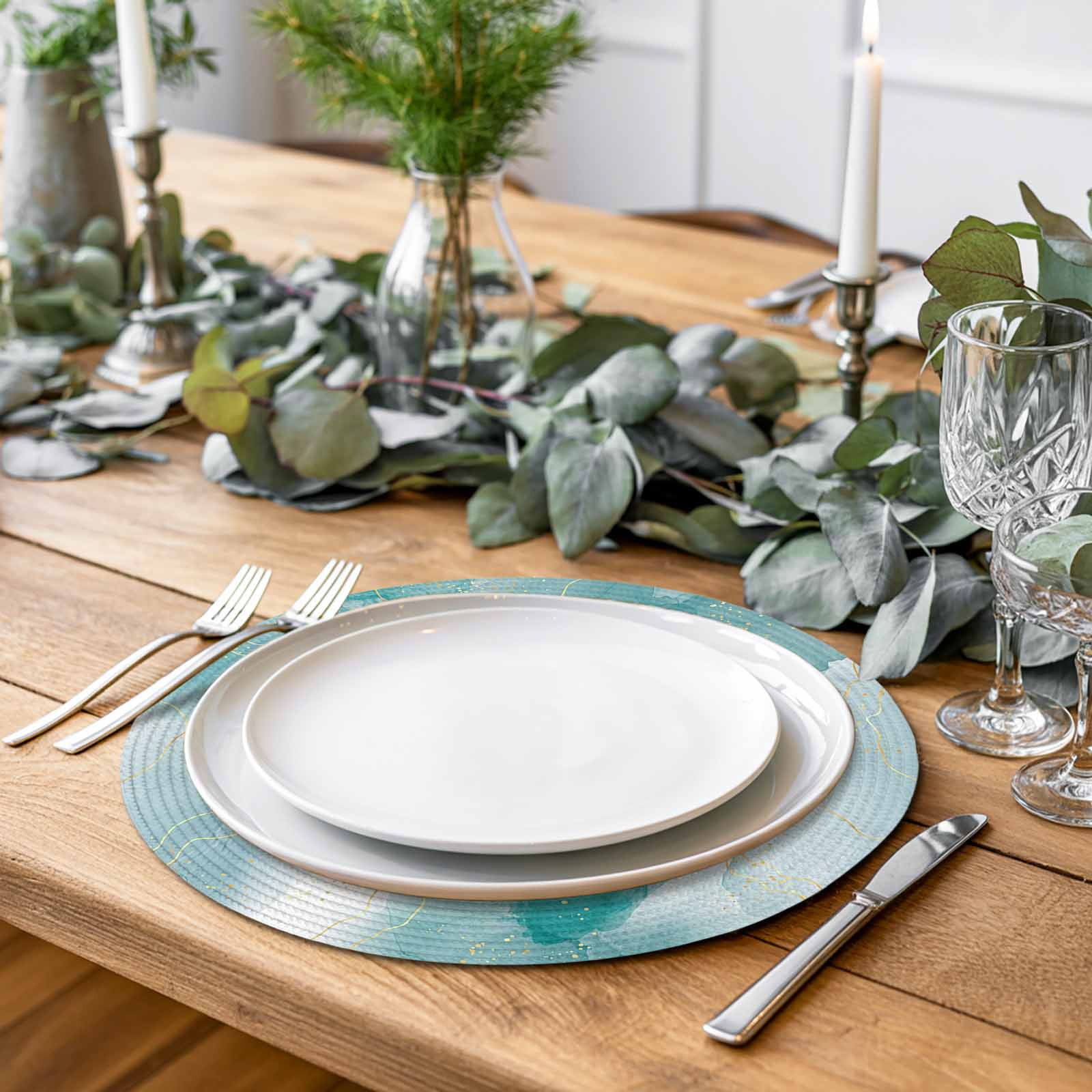 Abstract Coastal Round Table Placemats set of 6, Blue Green Gold Lines Washable Woven Place Mats for Dining Tables Kitchen Party Decor,Heat Proof, 13in,