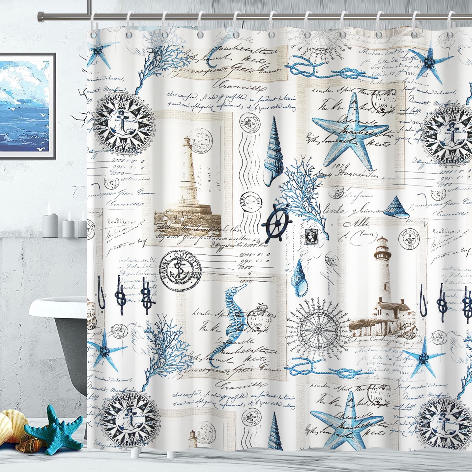 Summer Sea Theme Tall Shower Curtain,Nautical Coastal Seahorse Shower Curtains for Bathroom Decor,Long Shower Curtain 72x78 Inch