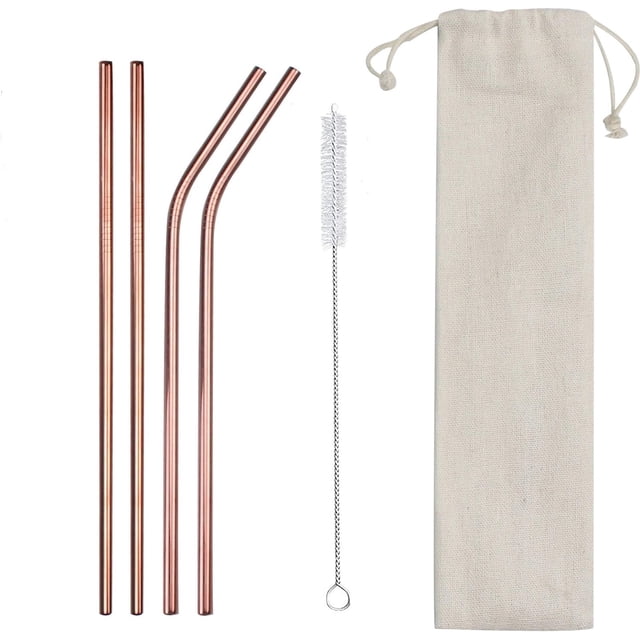 Pajitas de metal de acero inoxidable reutilizables - 4 unidades extra largas de 26 cm y 6 mm de ancho con 1 cepillo de limpieza para vasos de 590 ml/940 ml (2 rectas, 2 dobladas, 1 cepillo, 1 estuche)