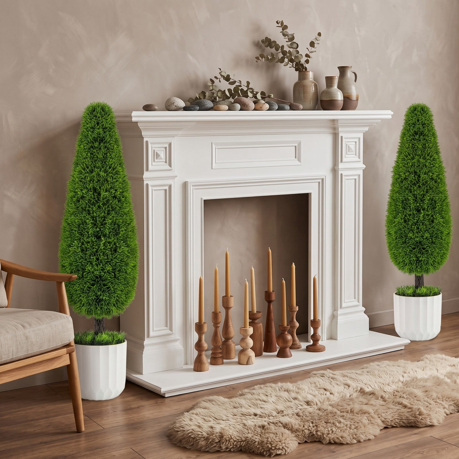 ALPULON 2 Pack 3 Feet Artificial Cedar Topiary Teardrop Shaped Bush Faux Plant with Cement-Filled Nursery Pot for Indoor Outdoor Home Office Doorway Decor, Green