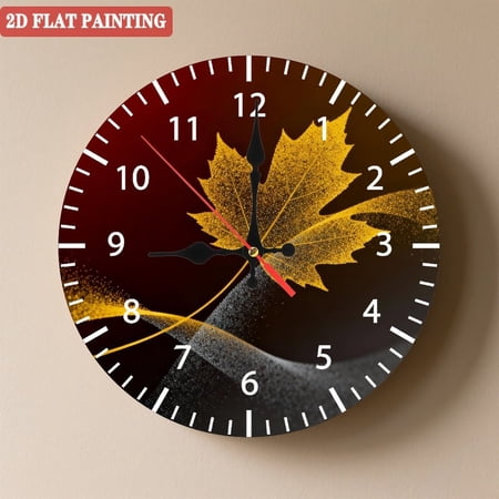 Wooden Wall Clock with Golden Maple Leaf Pattern, Silent Movement, Battery Operated (AA Batteries Not Included), Artistic Home Decor, 10×10inch (25×25cm)