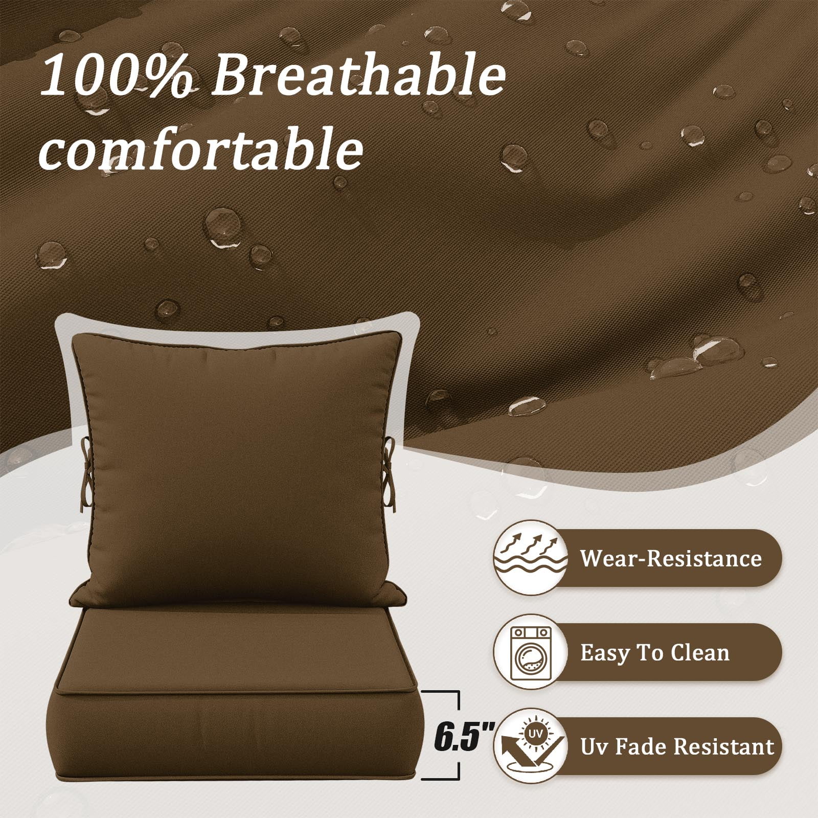Snubbull Outdoor Deep Seat Cushion Set 24 X 24 X 6.5 inch Splash-Proof & Fadeness Patio Furniture Cushions，Removable Outdoor Couch Cushions with Hidden Zipper & Adjustment Staps, Chocolate