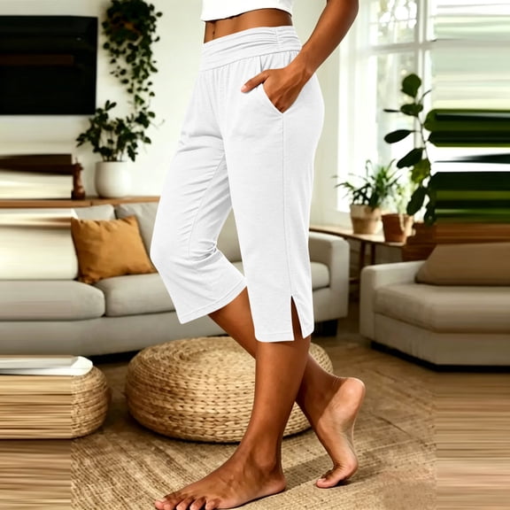 Oiangi Womens Capri Pants Split Hem Gaucho Pants Casual Solid Color Capris with Pockets White S