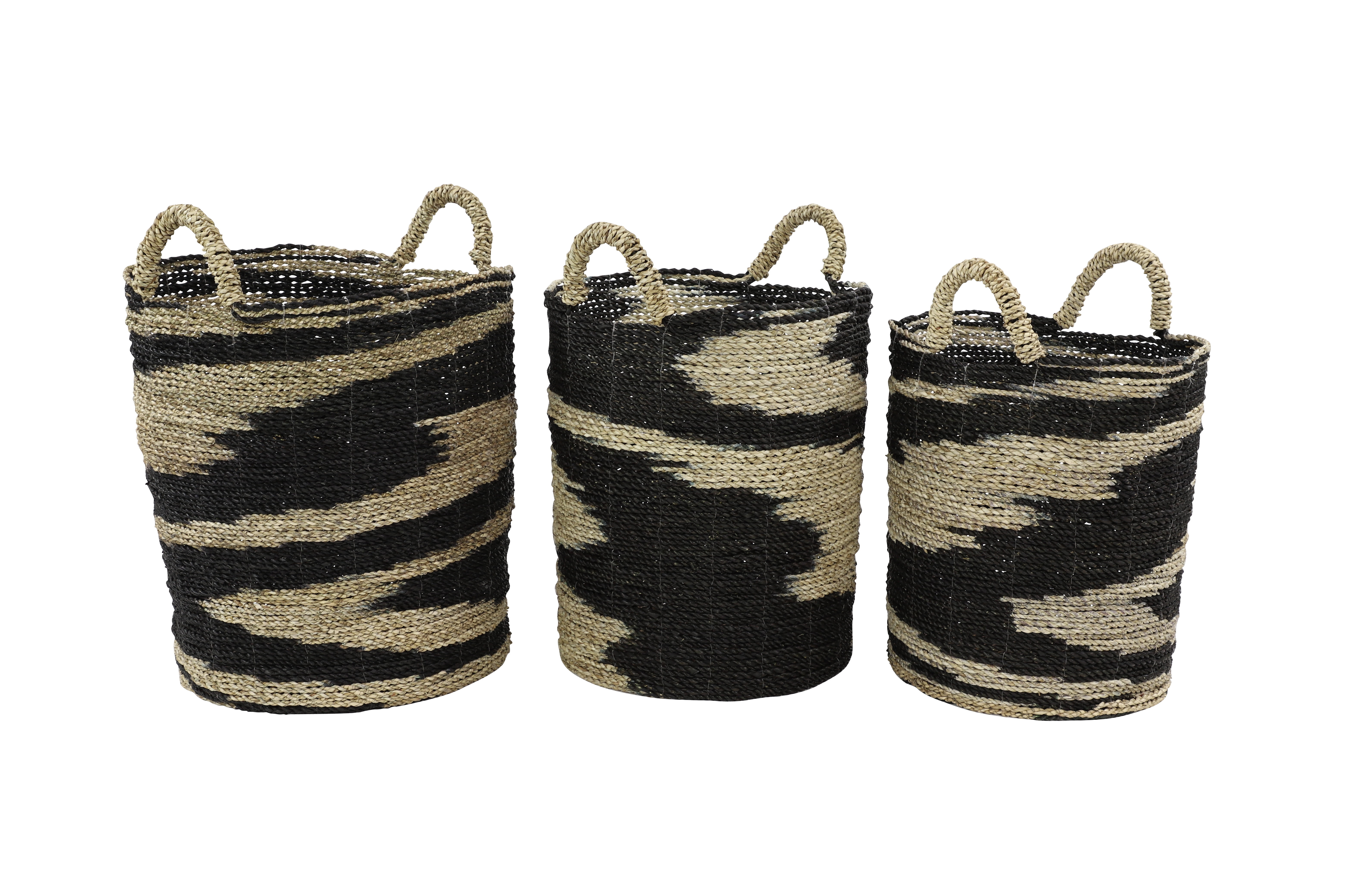 Decmode Large Round Black & Natural Swirl Seagrass Baskets, Set of 3