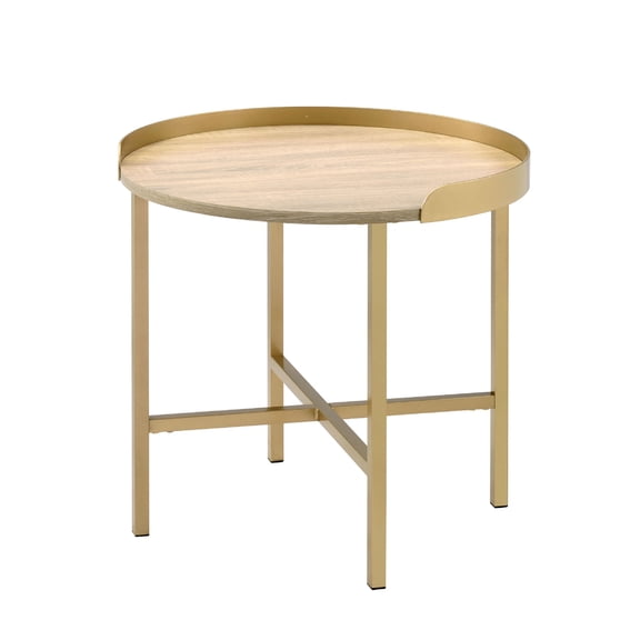 Round Oak & Gold Tray Style End Table | 22" Modern Accent Table | MDF, Metal, Wood | Living Room, Bedroom, Entryway | Durable & Stylish