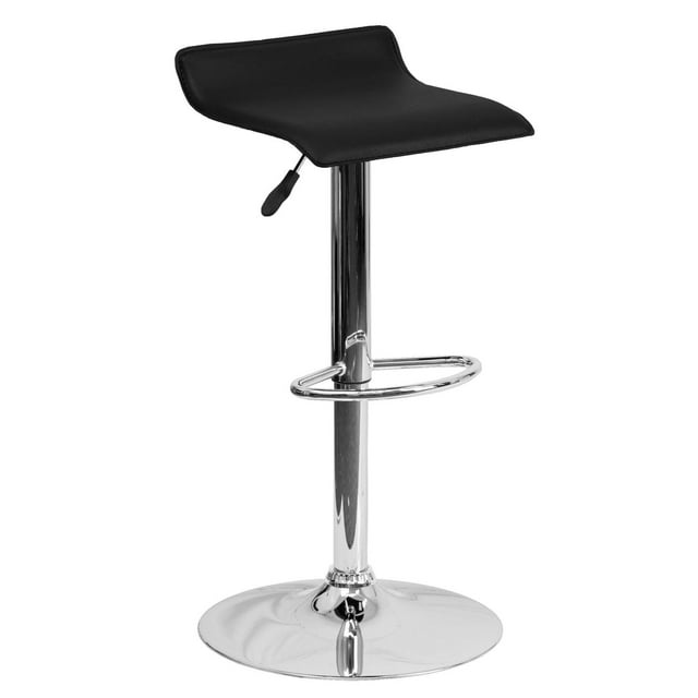 Contemporary Black Vinyl Adjustable Height Barstool with Solid Wave Seat and Chrome Base