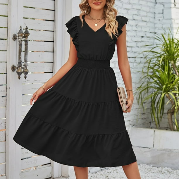 Vestido De Algodón Y Lino Con Cuello En V Y Manga