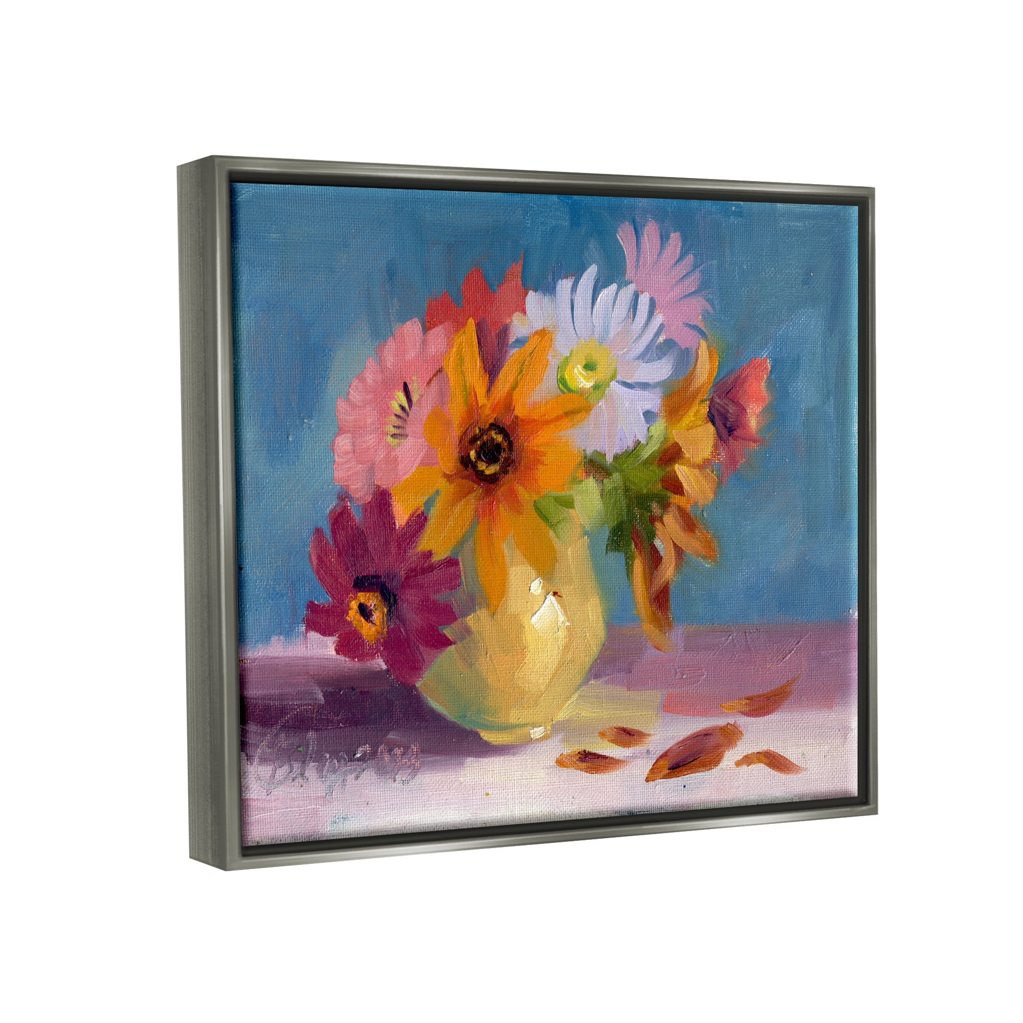 Stupell Industries Vivid Mums Painting Botanical & Floral Painting Gray Floater Framed Canvas Art Print Wall Art, 21 x 17