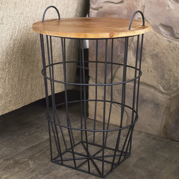 Metal Storage Basket Side Table with Carrying Handles and Wooden Lid