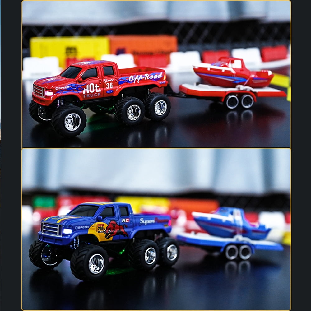 Mini Rc Truck, 1:64 Scale Monster Truck Remote Control Car with Speedboat and Lights, 2.4Ghz Remote Control, Mini Alloy Monster Truck Rc, Speed/Steering Adjustable