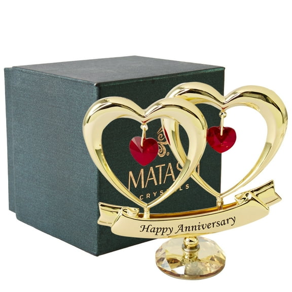 Matashi 24K Gold Plated Happy Anniversary Double Heart Tabletop w/ Red Crystals & Crystal Base