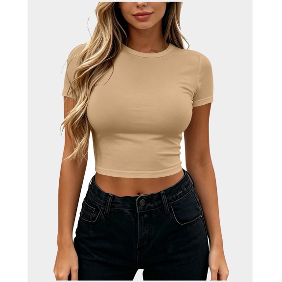 Babysbule Women Crew Neck Fitted Crop Tee Short Sleeve Slim Casual Top for Summer Street Daily Outfits
