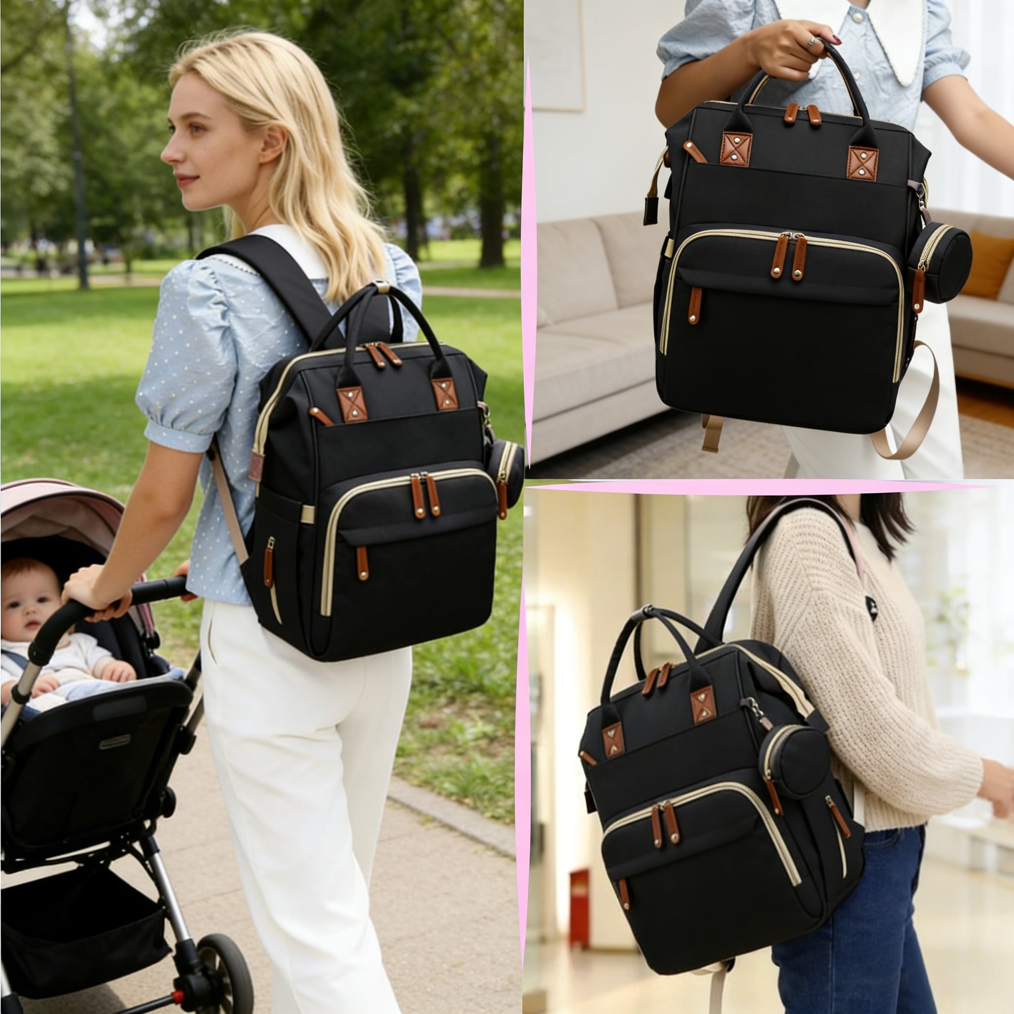 WANDF Diaper Bag Backpack with Changing Station, Large Travel Mommy Bag, Waterproof Diaper Backpack for Moms Dads with USB Charging Port,Mommy Essentials Shower Gifts(Black Bag)