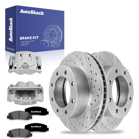 AutoShack Front Drilled & Slotted Brake Rotors Ceramic Brake Pads Calipers | Replacement for 2007-2008 Ford F-350 Super Duty | Silver Zinc Coated | 8-PC Brake Kit | SilverShield Pro