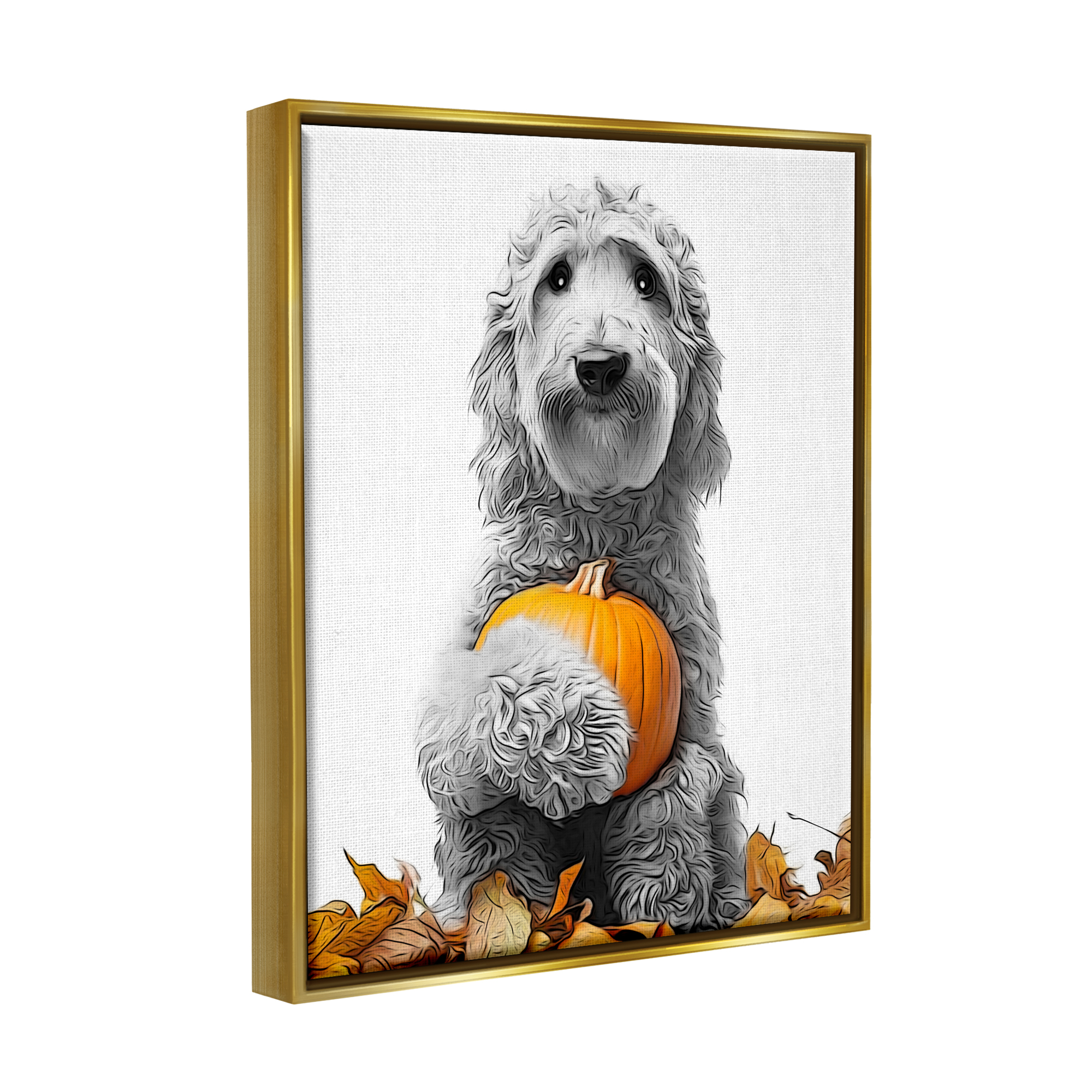 Stupell Industries Dog & Autumn Leaves Holiday Painting Gold Floater Framed Canvas Art Print Wall Art, 17 x 21