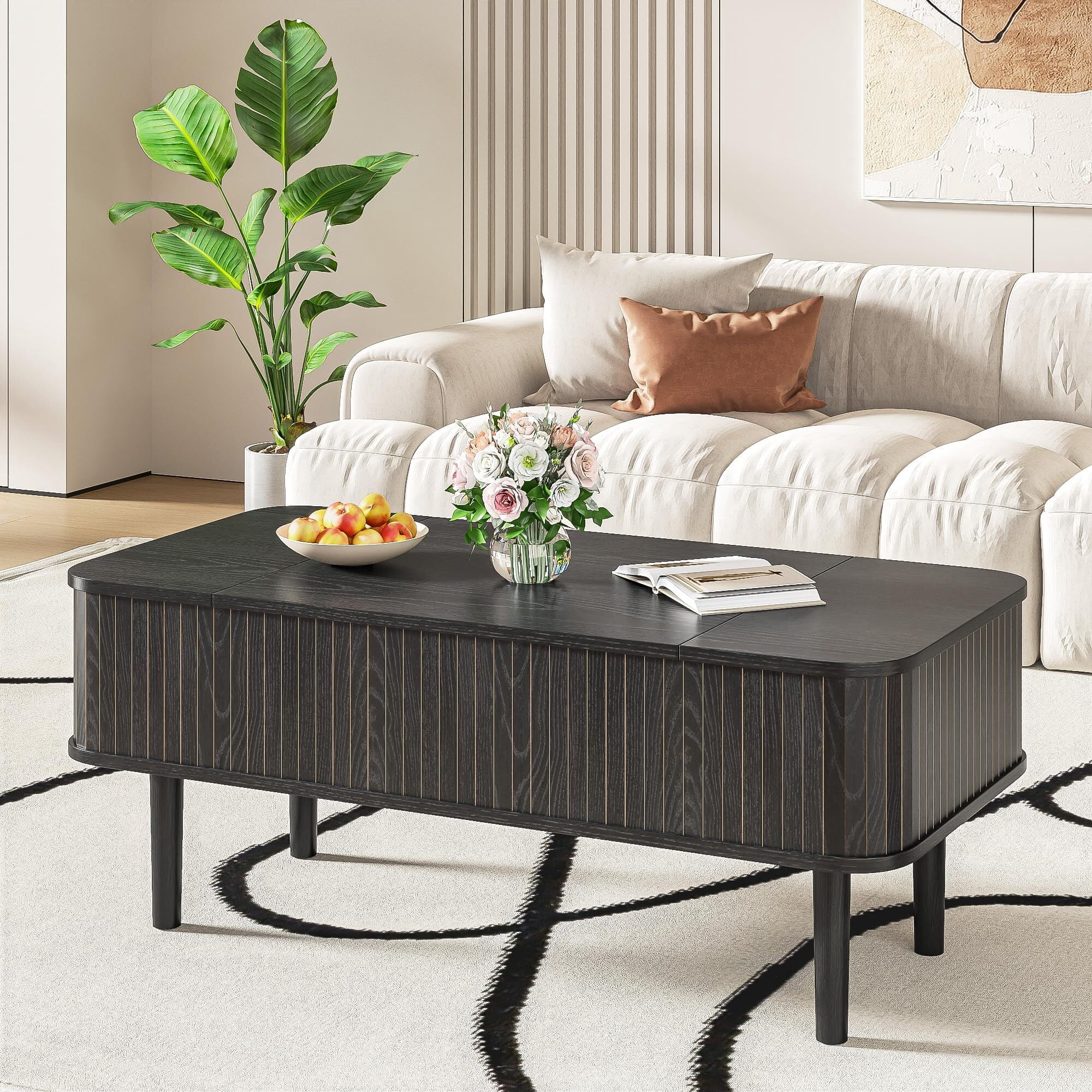 Fsbecl Mid-Century Modern Rectangle Wood Coffee Table with Storage, Black
