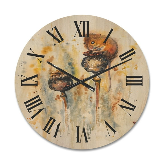 Designart 'Little Mouse Sitting On Poppies' Traditional Wood Wall Clock