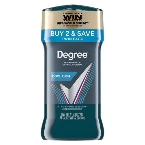 Degree Men Antiperspirant Deodorant 72-Hour Sweat and Odor Protection Cool Rush Antiperspirant For Men With Body Heat Activated Technology, 2.6 oz Twin Pack