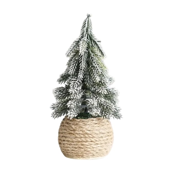 Mini Christmas Tree, Flocked Snow Covered Artificial Tabletop Small Christmas Tree, 1 Pcs with Woven Rattan Pot Base, For Home Office Desk Winter Holiday Xmas Party Decoration