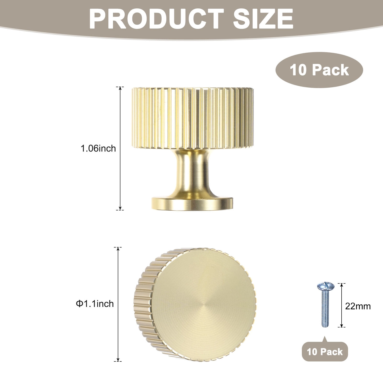 Uxcell 10-Pack Gold Cabinet Knobs, 1-1/10" Striped Round Modern Aluminum Knobs Handles [Gold]