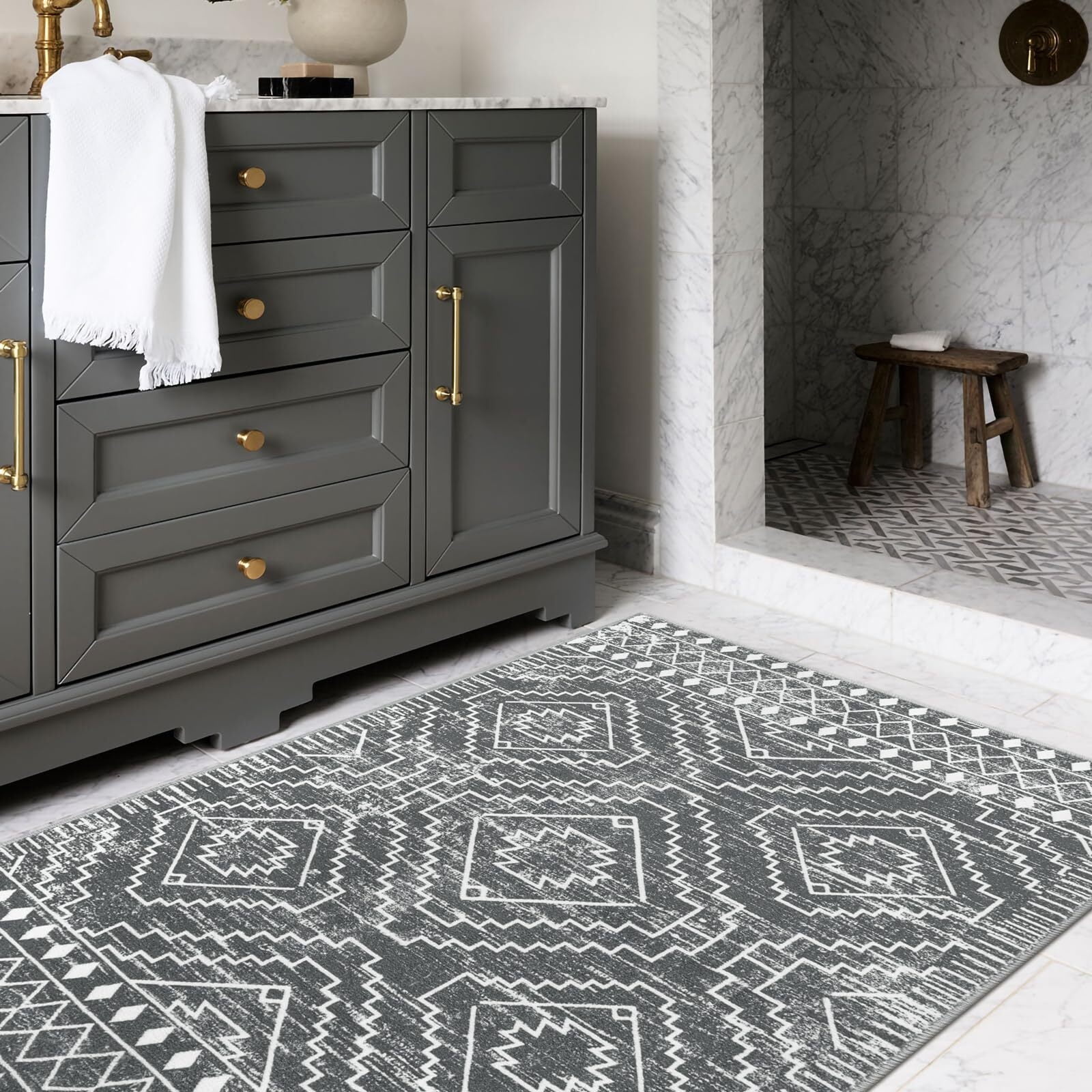 Lahome 3'x5'Washable Area Rug, Boho Living Room Rug, Non-Slip Farmhouse Rustic Bedroom Throw Mat, Non-Shedding Soft Geometric Floor Carpet for Kitchen Entry Office,Dark Grey