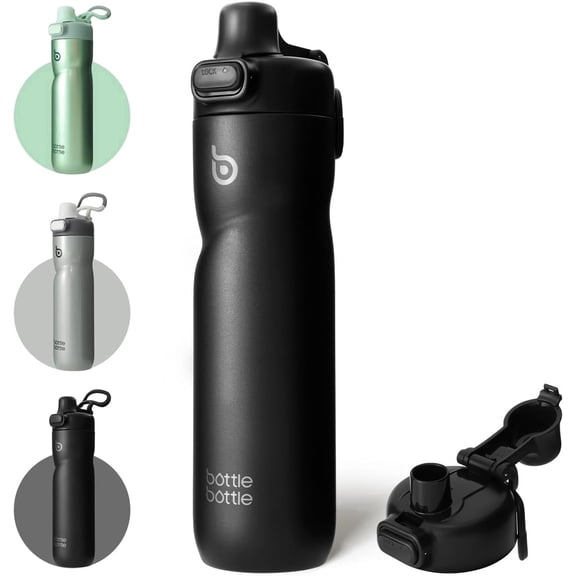 BOTTLE BOTTLE Insulated Water Bottle 24 oz with Handle and Flip Tops Lids Stainless Steel Water Bottle Push Button Leak Proof Portable for Running Travel  Hiking Black