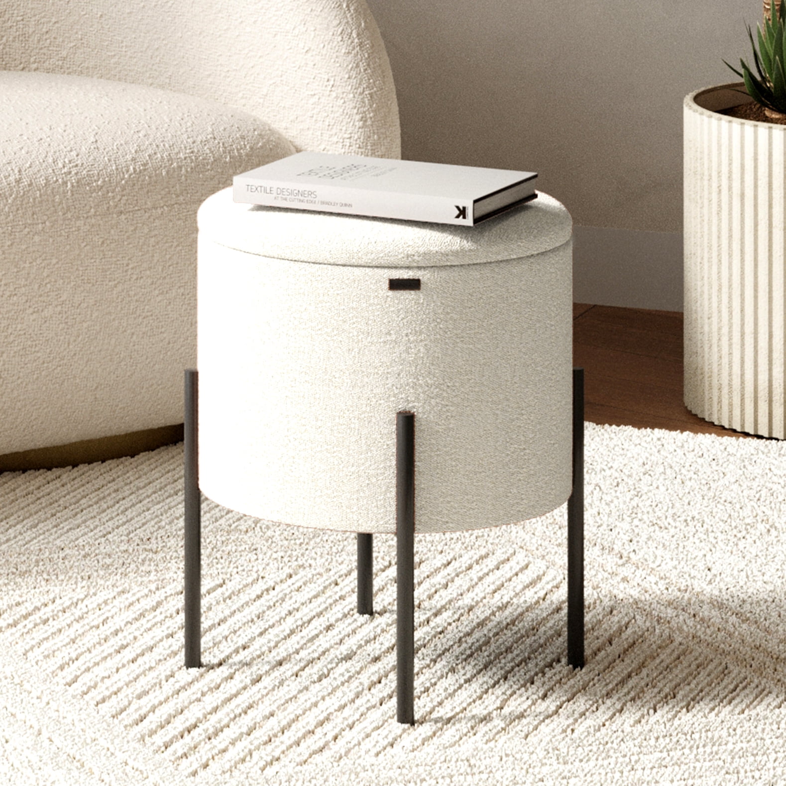 LammaLoe Small Round Ottoman with Storage, Boucle Ottoman Foot Stool with Lid, Upholstered Vanity Stool for Living Room & Bedroom, White