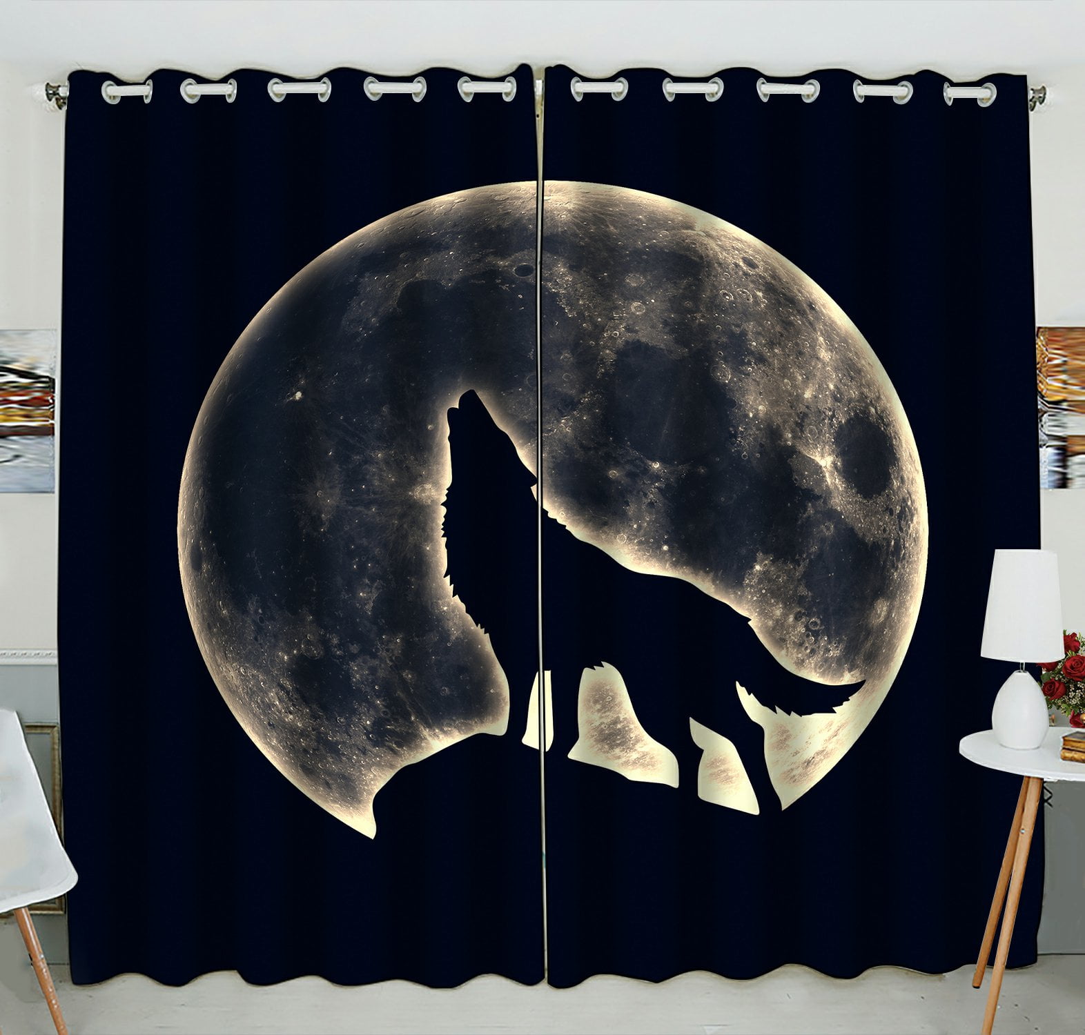 Phfzk Night Sky Window Curtain, Wolf Howling Full Moon Window Curtain Blackout Curtain For