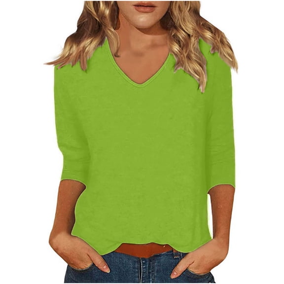 WXLWZYWL Women's Solid Color Three-Quarter Sleeve V-Neck T-shirt Loose Casual Comfortable Summer Tops for Women