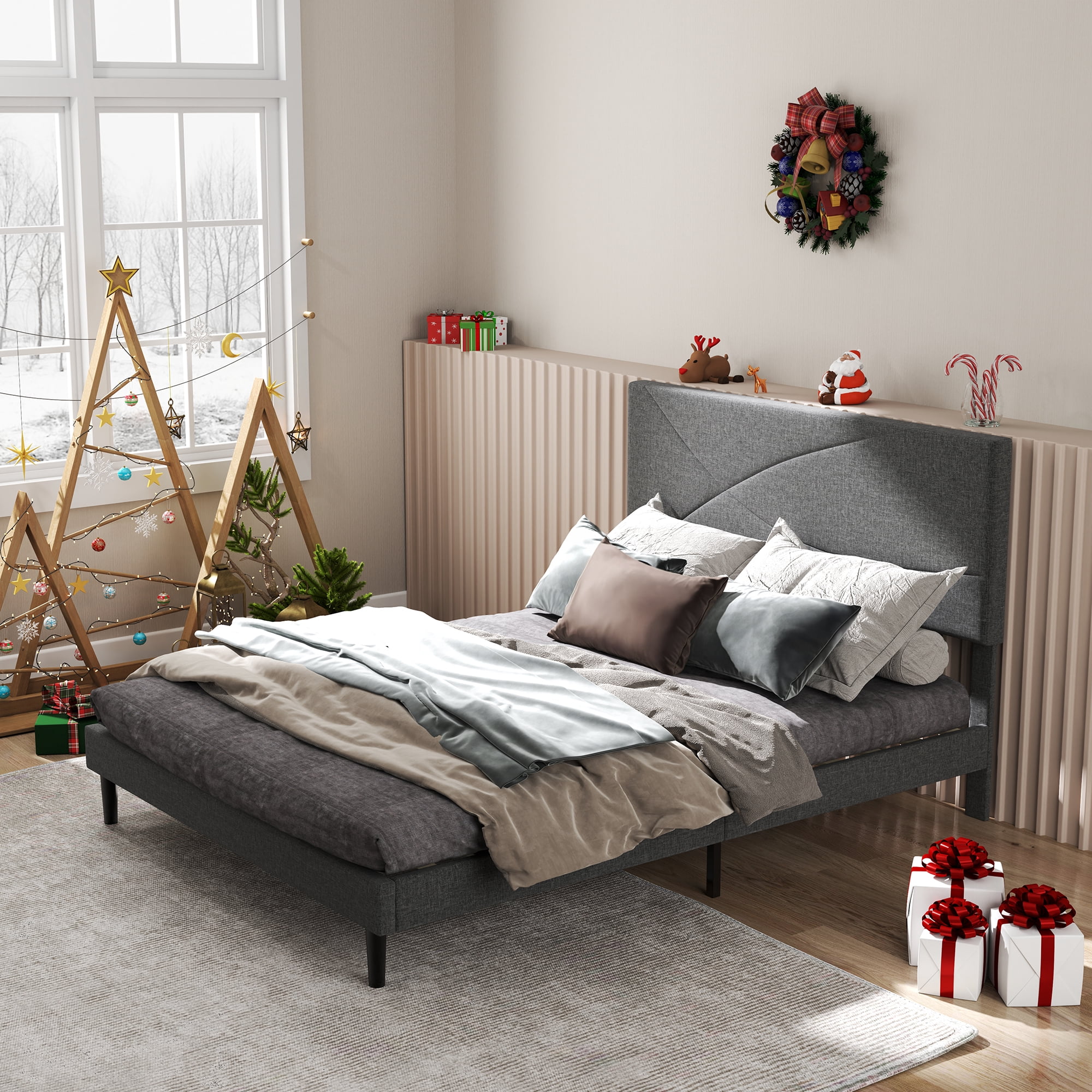 Homy Casa Queen LED Lights and USB Charging Station Upholstered Platform Bed, Gray Fabric