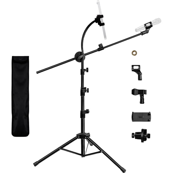 DQQKMM Tripod Mic Stand, 2-in-1 Adjustable Floor Stand with Boom Arm, Phone & Mic Holder with Storage Bag for Singing Studio Stage