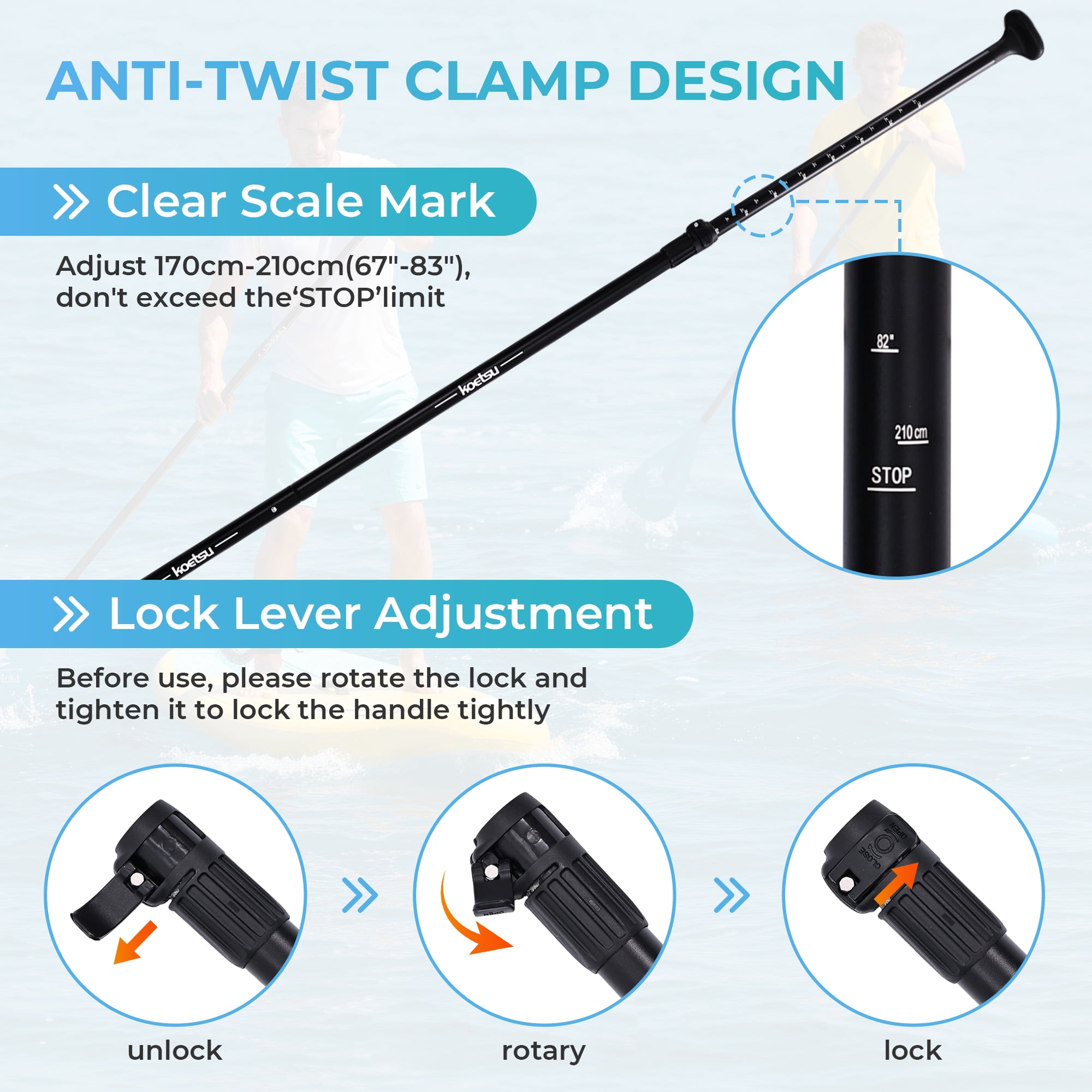 Kayak Paddle SUP Paddle,KOETSU 2-in-1 Adjustable Aluminum Alloy Boat Paddle Oars 67-83in, Detachable Canoe Board Paddle with Anti-Slip Grip,Blue
