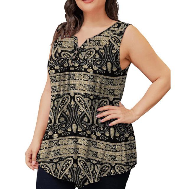 Plus Size Womens Tank Summer Printed Sleeveless Flared Trendy Casual Blouse Button Tunic Shirt Tops