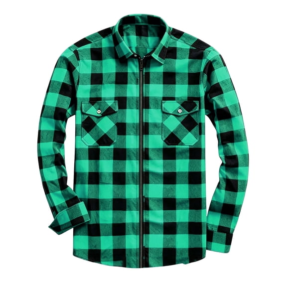 Horkkom Mens Zip Up Loose Plaid Print Flannel Shirt Long Sleeve Casual Fall Shirts M