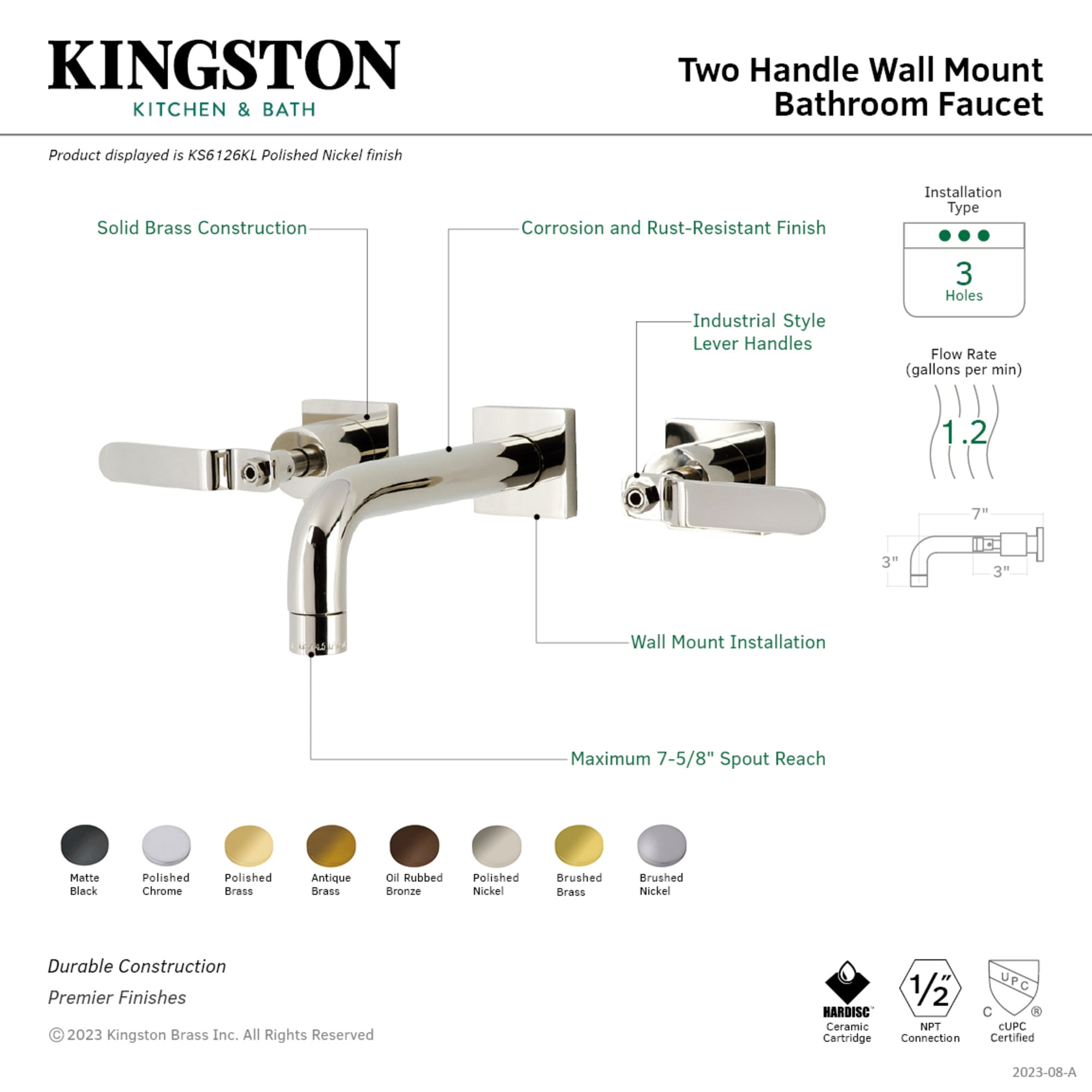 Kingston Brass KS6120KL Whitaker Double-Handle Wall Mount Bathroom Faucet, Matte Black
