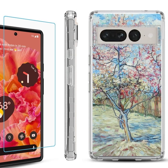 Shockproof Bumper Phone Case for Google Pixel 7 Pro, with Tempered Glass Screen Protector, by OneToughShield ® - Blossom Tree