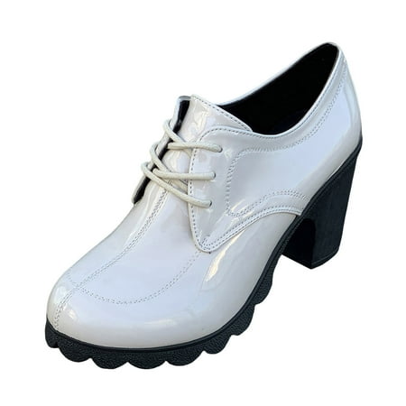 

Womens Ankle Boots Flat Low Heel Chelsea Booties Ladies Fashion Retro Solid Color Bright Leather Lace Up Thick High Heel Short Boots