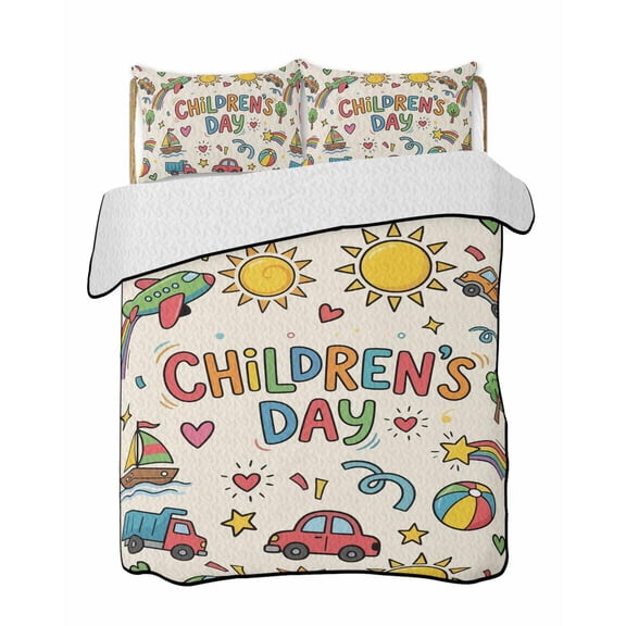 Quilts Twin-XL Size Bedding Set, Colorful Children's Day Lightweight Quilted Comforter, Car Tree Stars Modern Abstract Art Soft Bedspread Coverlet with Pillow Covers for All Season, 68" x 98"
