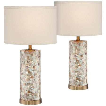 Small Coastal Living Rooms 360 Lighting Coastal Accent Table Lamps Set of 2 Mother of Pearl Tiles Cylinder Cream Linen Drum Shade for Living Room Bedroom ()