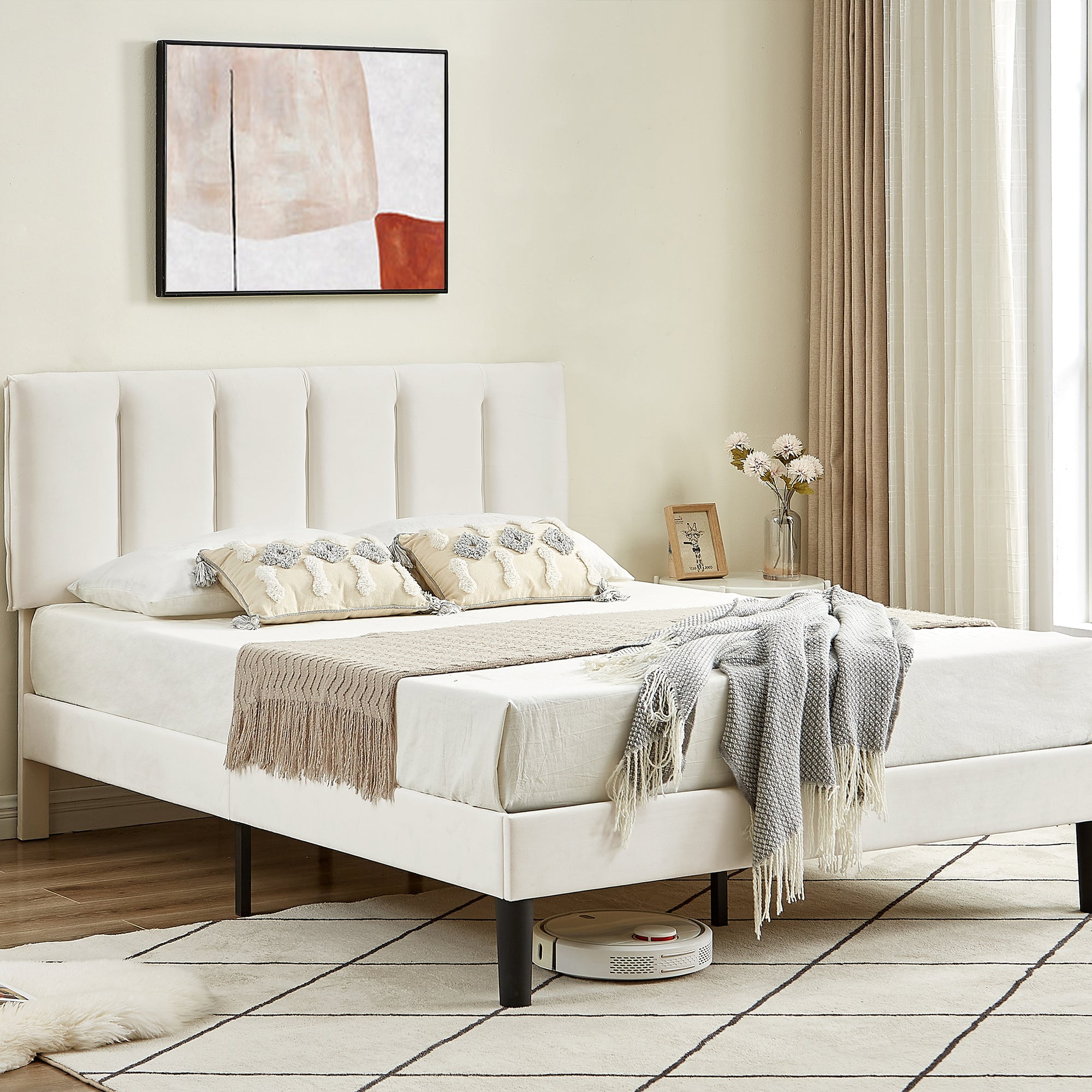 VECELO Queen Size Upholstered Platform Bed Frame, Adjustable Headboard and Wooden Slats Support, No Box Spring Needed/Easy Assembly, White