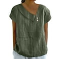 thumbnail image 3 of Aboser Asymmetrical Shirts for Women Trendy Cotton Linen Tops Dressy Casual Short Sleeve T Shirt Solid Color Beach Blouse Breathable Cozy Tunic Top Army Green S, 3 of 7