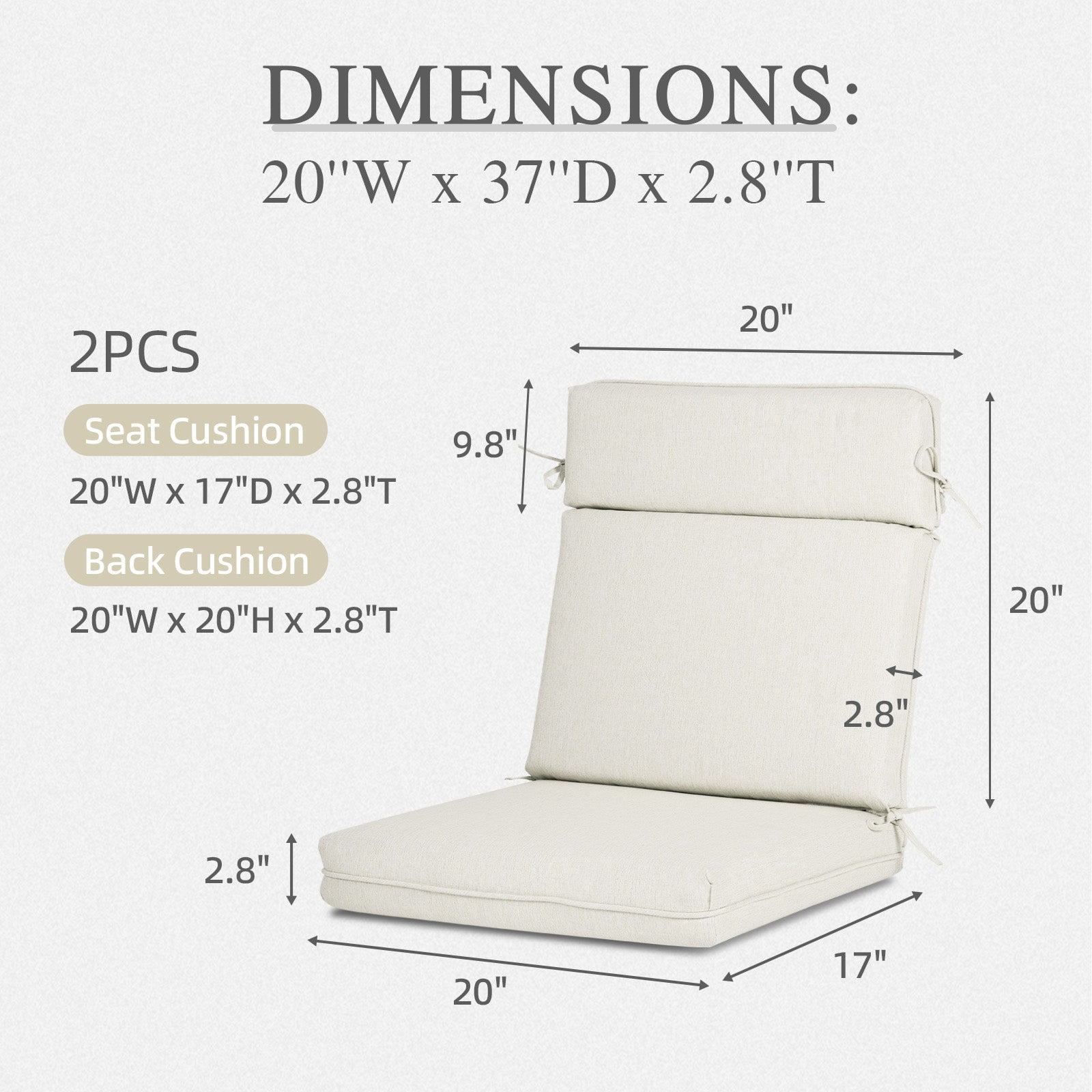 Aoodor High-Back Outdoor Dining Chair Cushion Set, Fade-Resistant Polyester Fabric, Water-Repellent TPU Coating, 37x20x2.8 Inches (Set of 2)