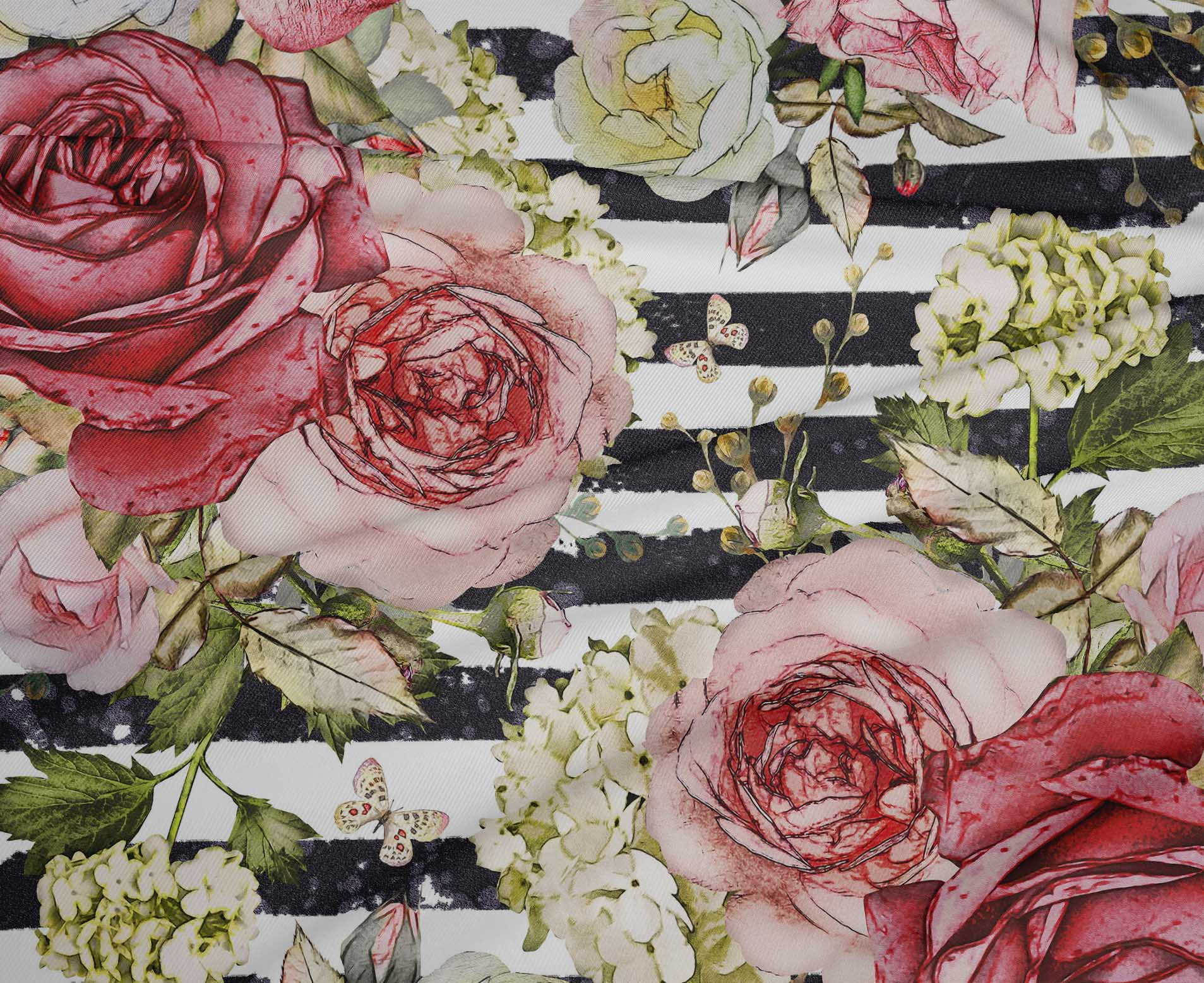oneOone Polyester Lycra White Fabric Stripe & Rose Floral Sewing Crafts Projects Fabric Prints By Yards 56 Inches Wide