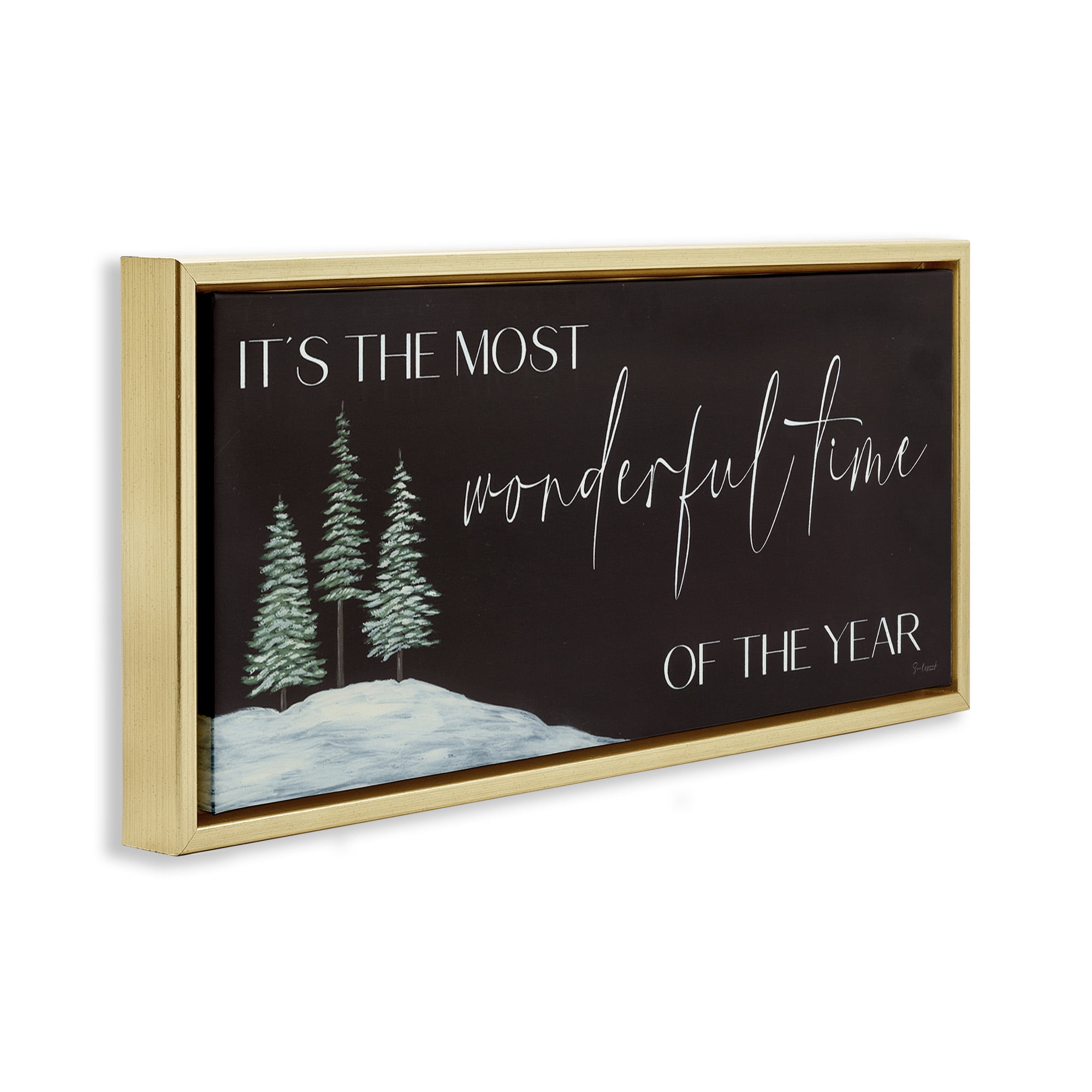 Stupell Industries Most Wonderful Time Holiday Phrase Inspirational Painting Gold Floater Framed Canvas Art Print Wall Art, 31 x 14